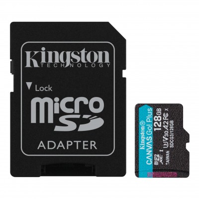 Kingston microSD Canvas Go! Plius 128 GB, MicroSD, Flash atminties klasė 10, SD adapteris