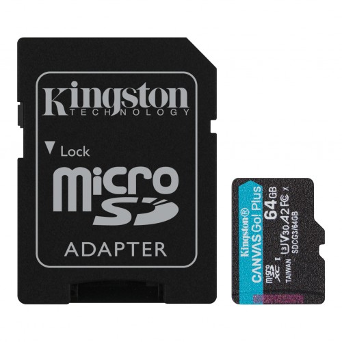 Kingston microSD Canvas Go! Plius 64 GB, MicroSD, Flash atminties klasė 10, SD adapteris