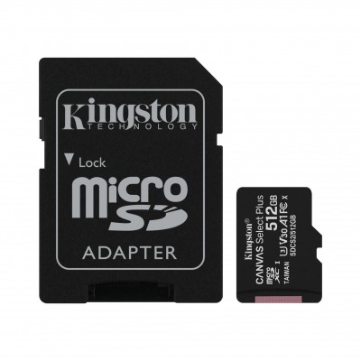 Kingston Canvas Select Plus 512 GB, Micro SD, Flash atminties klasė 10, SD adapteris Atminties