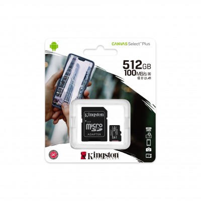 Kingston Canvas Select Plus 512 GB, Micro SD, Flash atminties klasė 10, SD adapteris Atminties