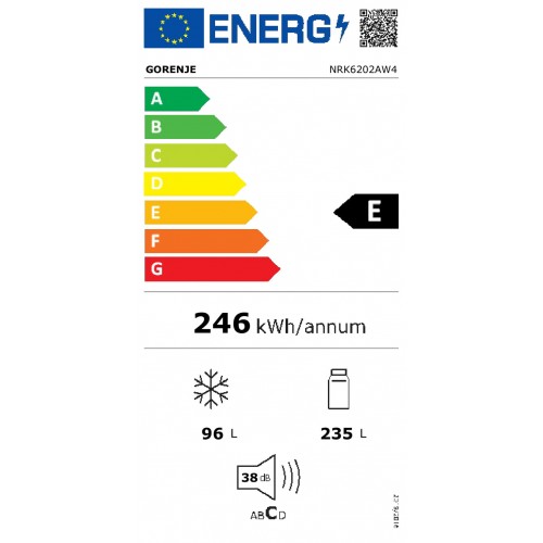 Gorenje šaldytuvas NRK6202AW4 Energijos vartojimo efektyvumo klasė E, Laisvai pastatomas