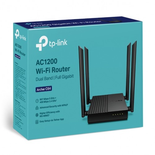 TP-LINK AC1200 Wireless MU-MIMO Wi-Fi Router Archer C64 802.11ac, 867+400 Mbit/s, Ethernet LAN