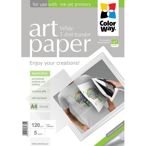 ColorWay ART fotopopieriaus marškinėlių perkėlimas (baltas), 5 lapai, A4, 120 g/m Spausdintuvų