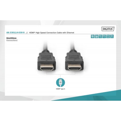 Digitus didelės spartos HDMI kabelis su Ethernet AK-330114-030-S juodas, HDMI į HDMI, 3 m
