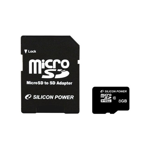 Silicon Power 8 GB, MicroSDHC, Flash atminties klasė 10, SD adapteris Atminties kortelės