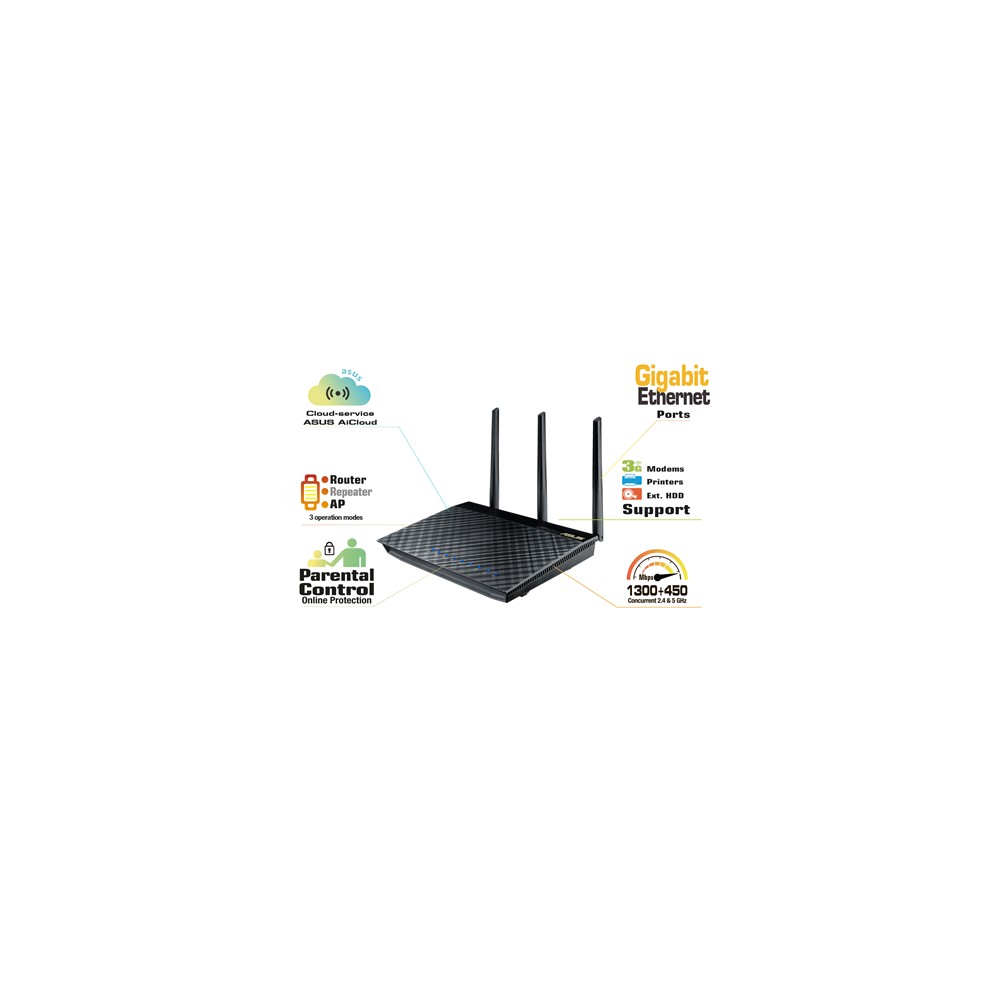 Asus Router RT-AC66U 10/100/1000 Mbit/s, Ethernet LAN (RJ-45) prievadai 4, 2,4GHz/5GHz, Wi-Fi