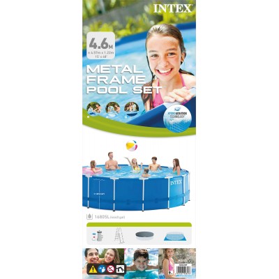 Intex Metal Fram Pool Set with Filter Pump, Safety Ladder, Ground Cloth, Cover Blue, Age 6+, 457x122 cm