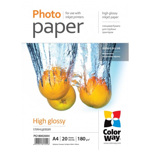 ColorWay fotopopierius 20 vnt. PG180020A4 Blizgus, Baltas, A4, 180 g/m Spausdintuvų reikmenys